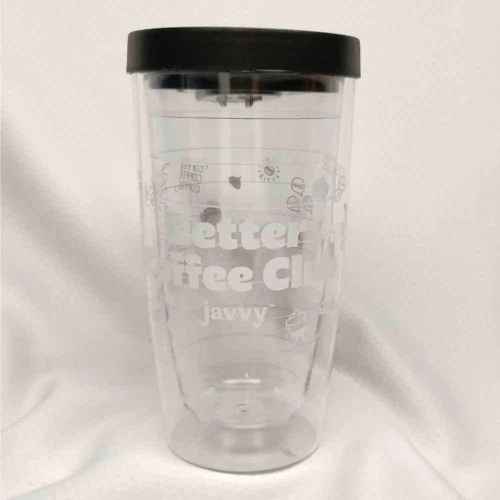 Javvy Better Coffee Club Tumbler 16oz Clear Black Lid Double Wall Iced Drink Cup